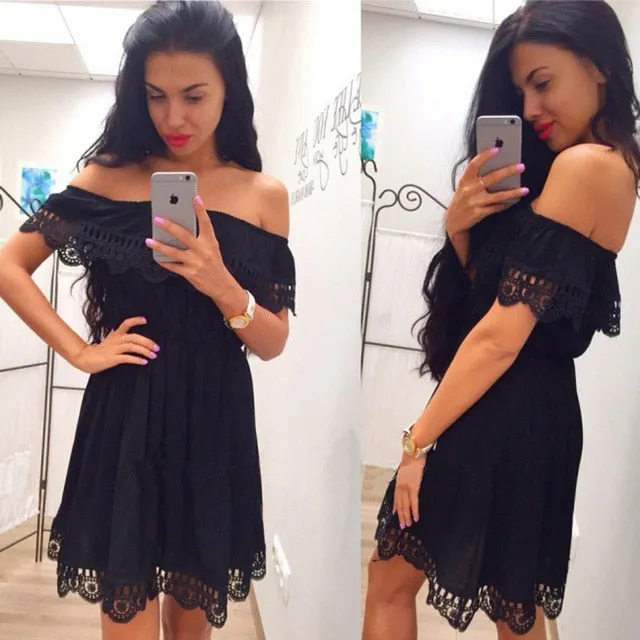 2018 Fashion Women Elegant Vintage sweet lace white Dress Stylish Sexy Slash Neck Casual Slim Beach Summer Sundress vestidos