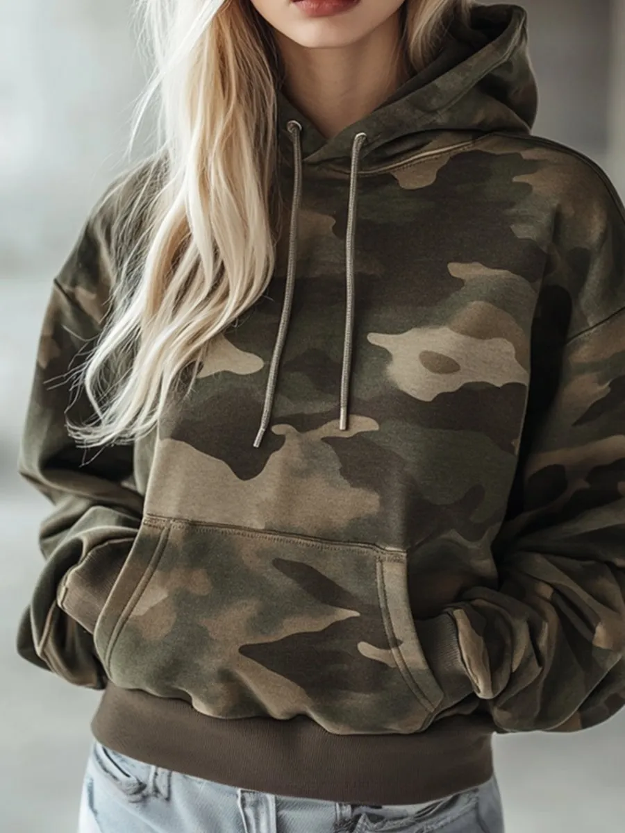 【24-hour shipping】Vintage Casual Pocket Hooded Camouflage Sweatshirt