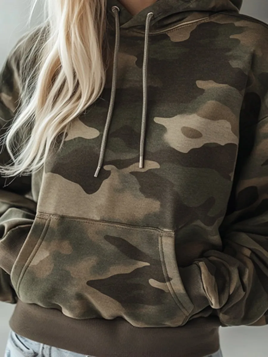 【24-hour shipping】Vintage Casual Pocket Hooded Camouflage Sweatshirt
