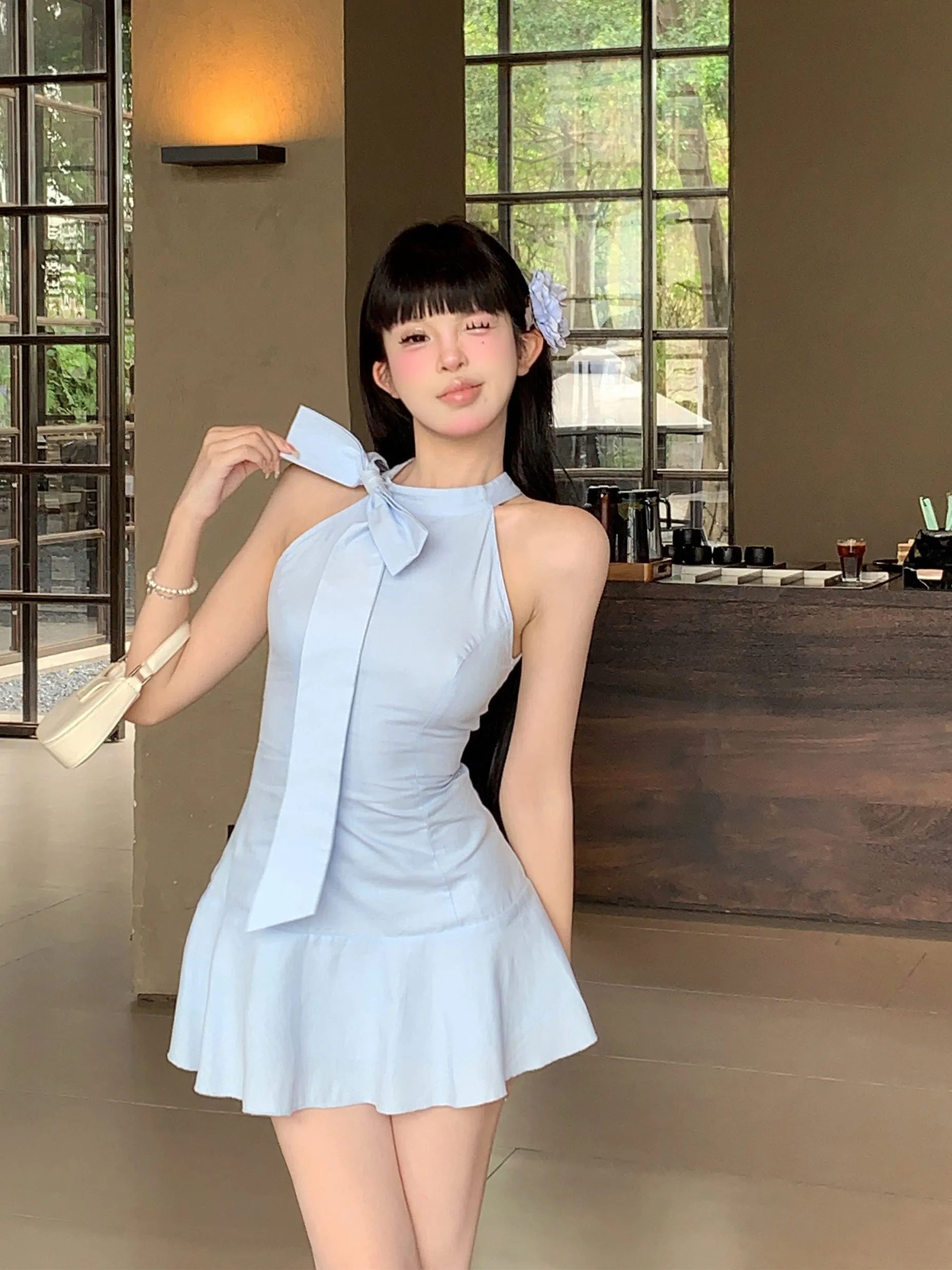 【24s Oct.】Blue Halter Backless Summer Dress