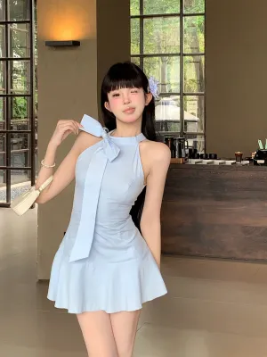 【24s Oct.】Blue Halter Backless Summer Dress