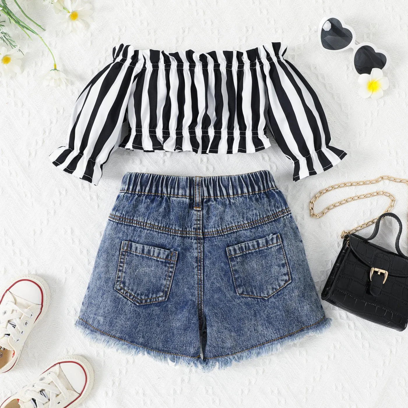 2pcs Toddler Girl Trendy Off-Shoulder Stripe Top and Ripped Denim Shorts Set