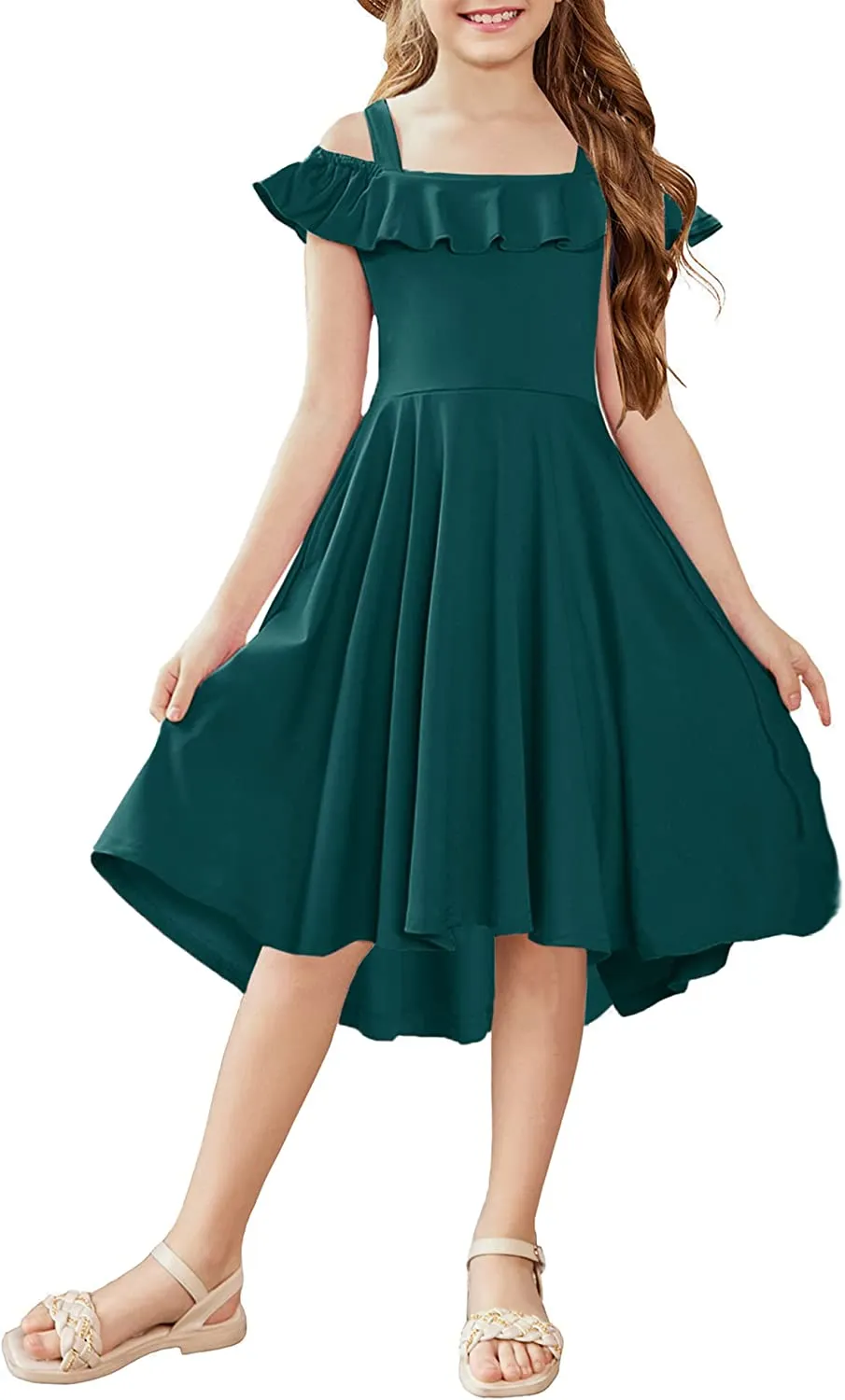 Arshiner Girls Dress Off Shoulder Flutter Sleeve Midi Swing Dresses