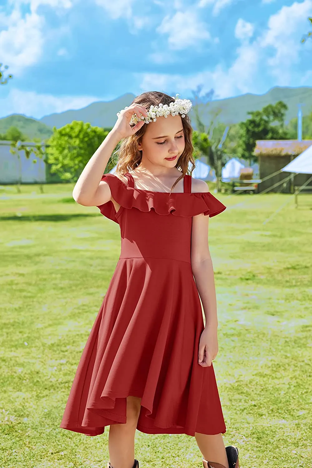 Arshiner Girls Dress Off Shoulder Flutter Sleeve Midi Swing Dresses