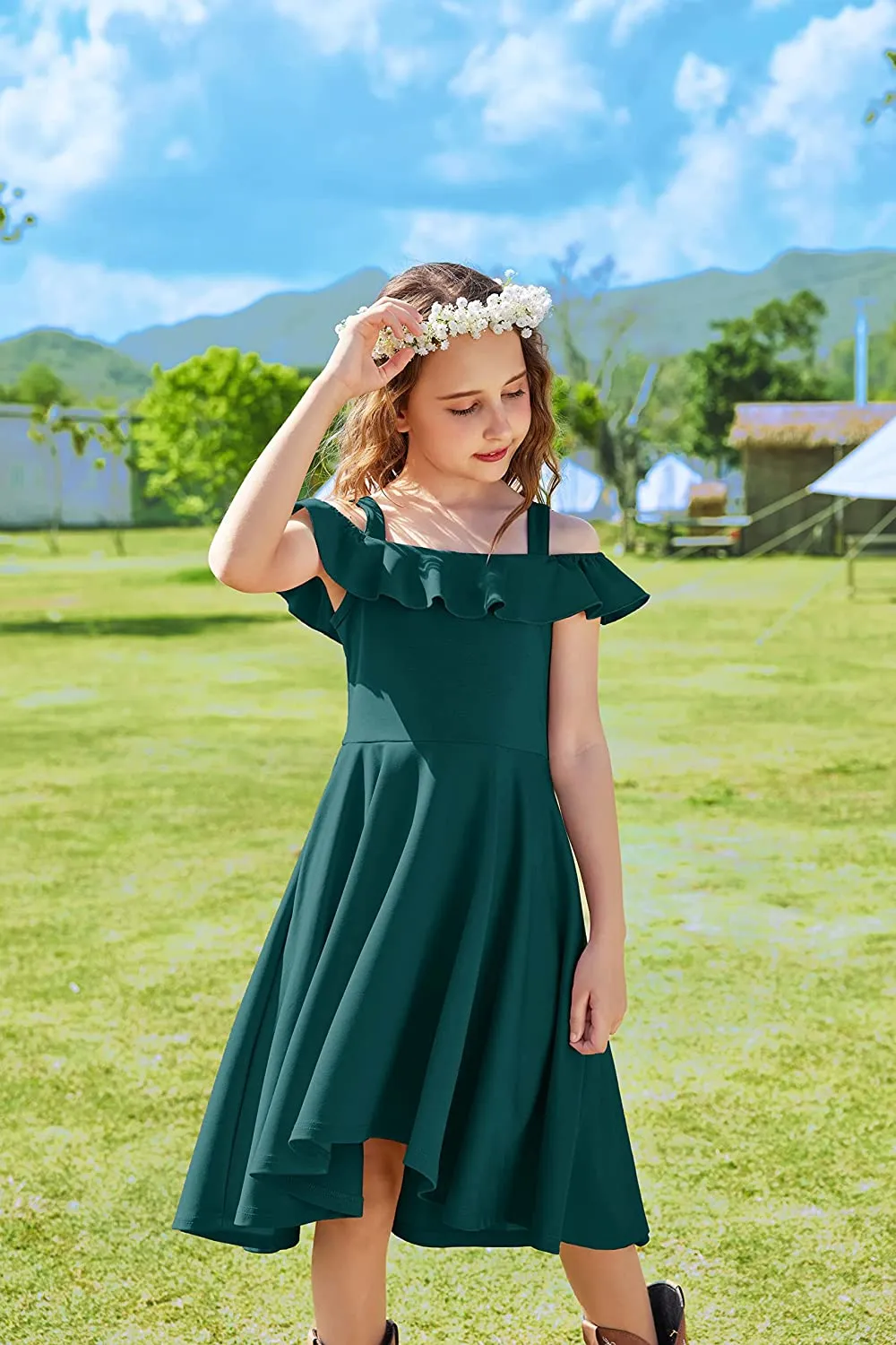 Arshiner Girls Dress Off Shoulder Flutter Sleeve Midi Swing Dresses