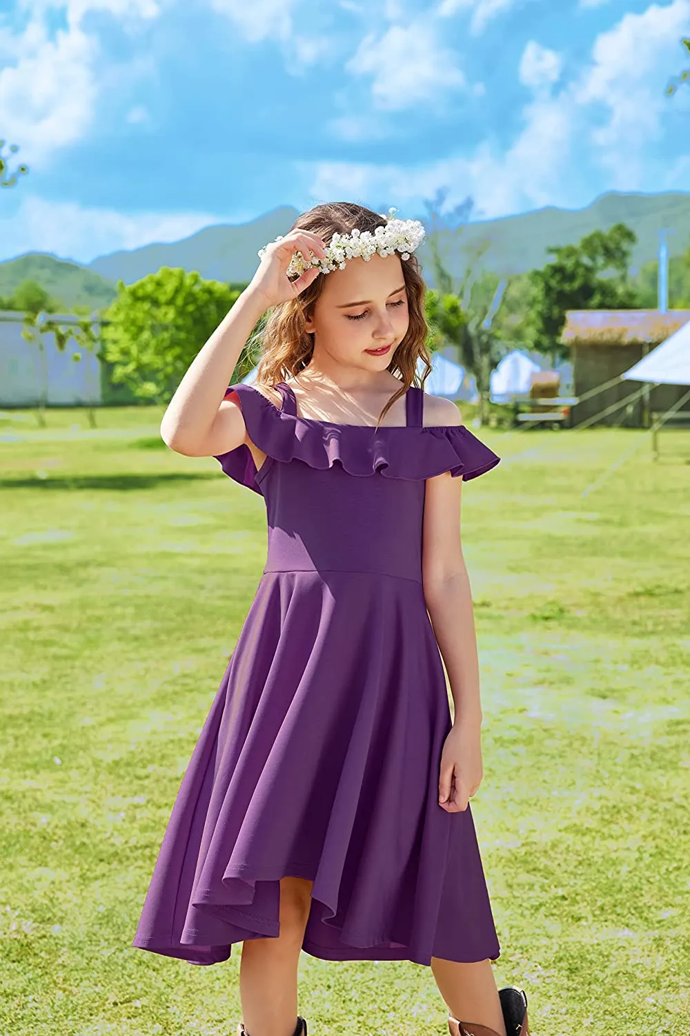 Arshiner Girls Dress Off Shoulder Flutter Sleeve Midi Swing Dresses