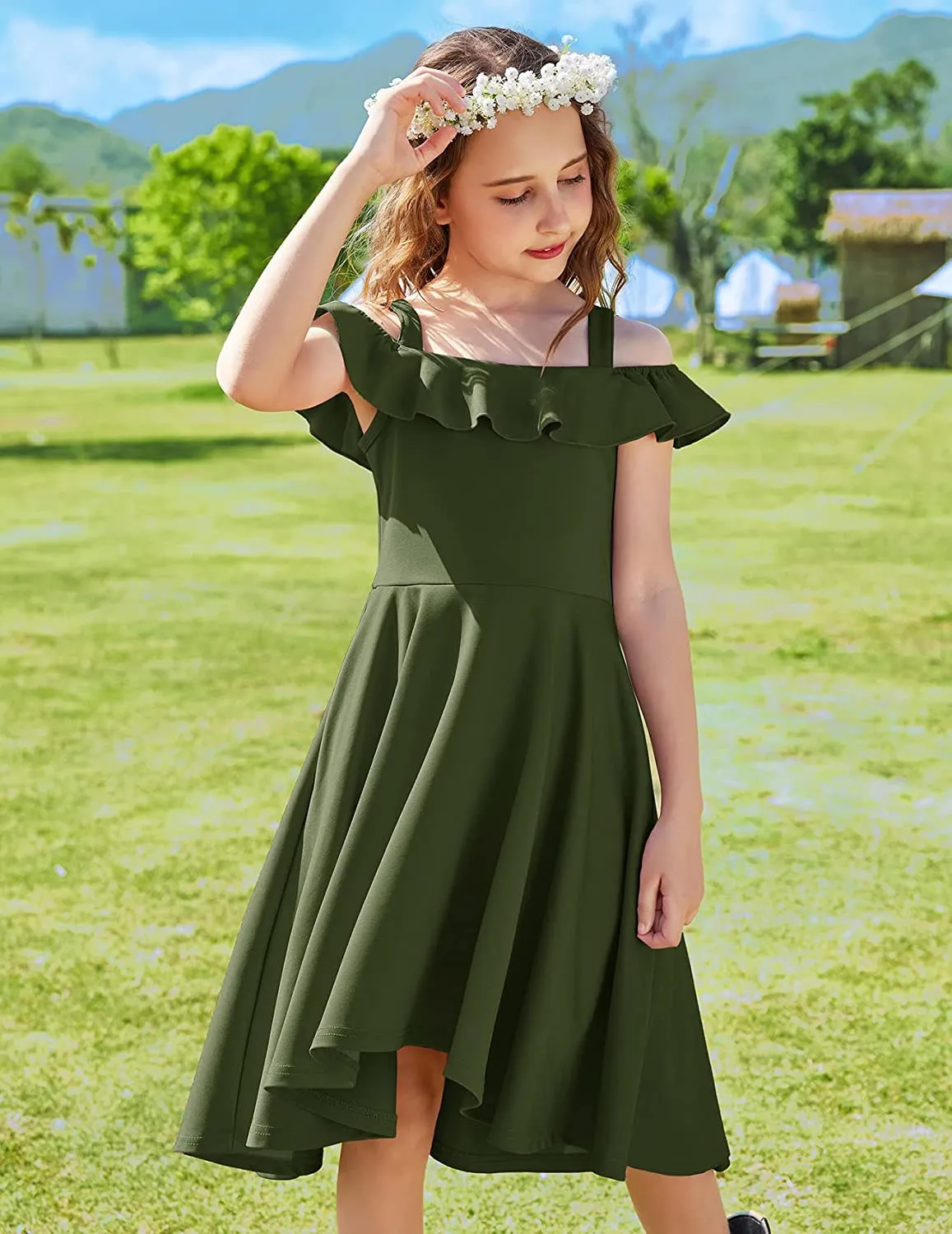 Arshiner Girls Dress Off Shoulder Flutter Sleeve Midi Swing Dresses