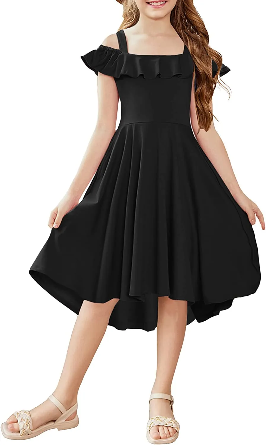 Arshiner Girls Dress Off Shoulder Flutter Sleeve Midi Swing Dresses
