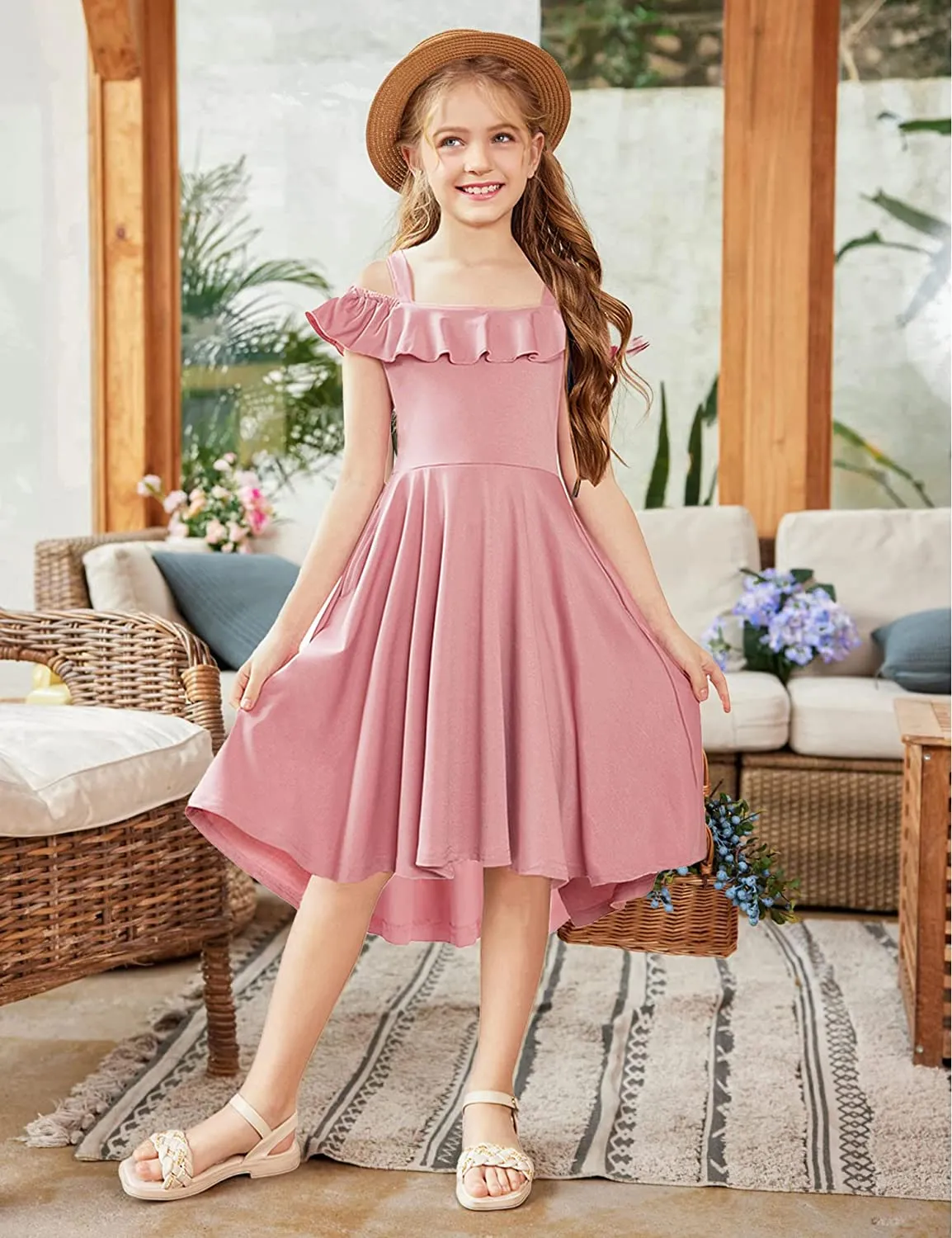 Arshiner Girls Dress Off Shoulder Flutter Sleeve Midi Swing Dresses