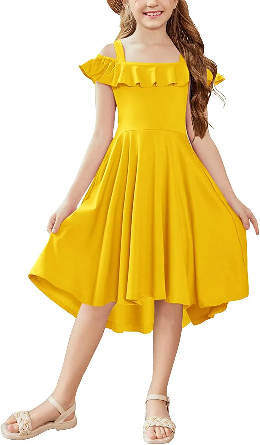 Arshiner Girls Dress Off Shoulder Flutter Sleeve Midi Swing Dresses