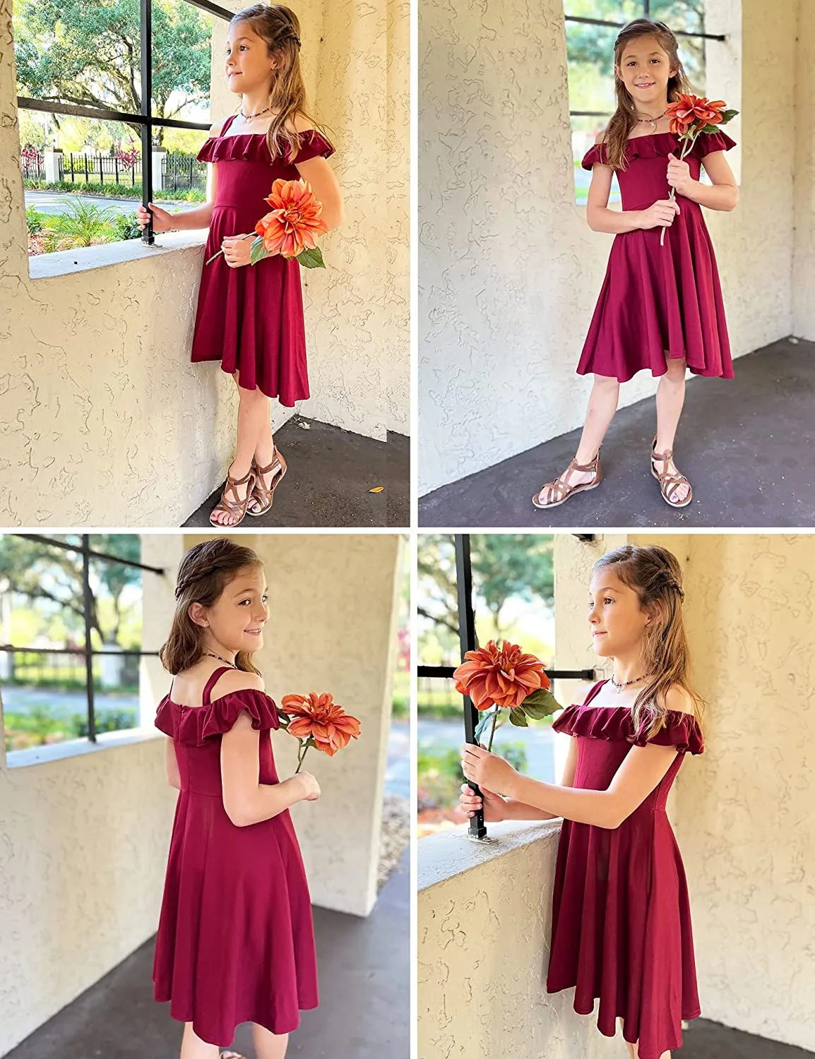 Arshiner Girls Dress Off Shoulder Flutter Sleeve Midi Swing Dresses