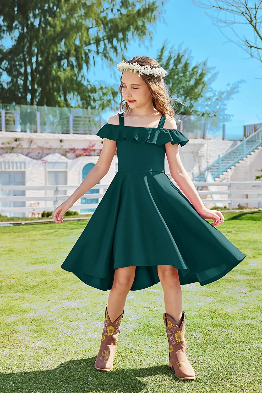 Arshiner Girls Dress Off Shoulder Flutter Sleeve Midi Swing Dresses