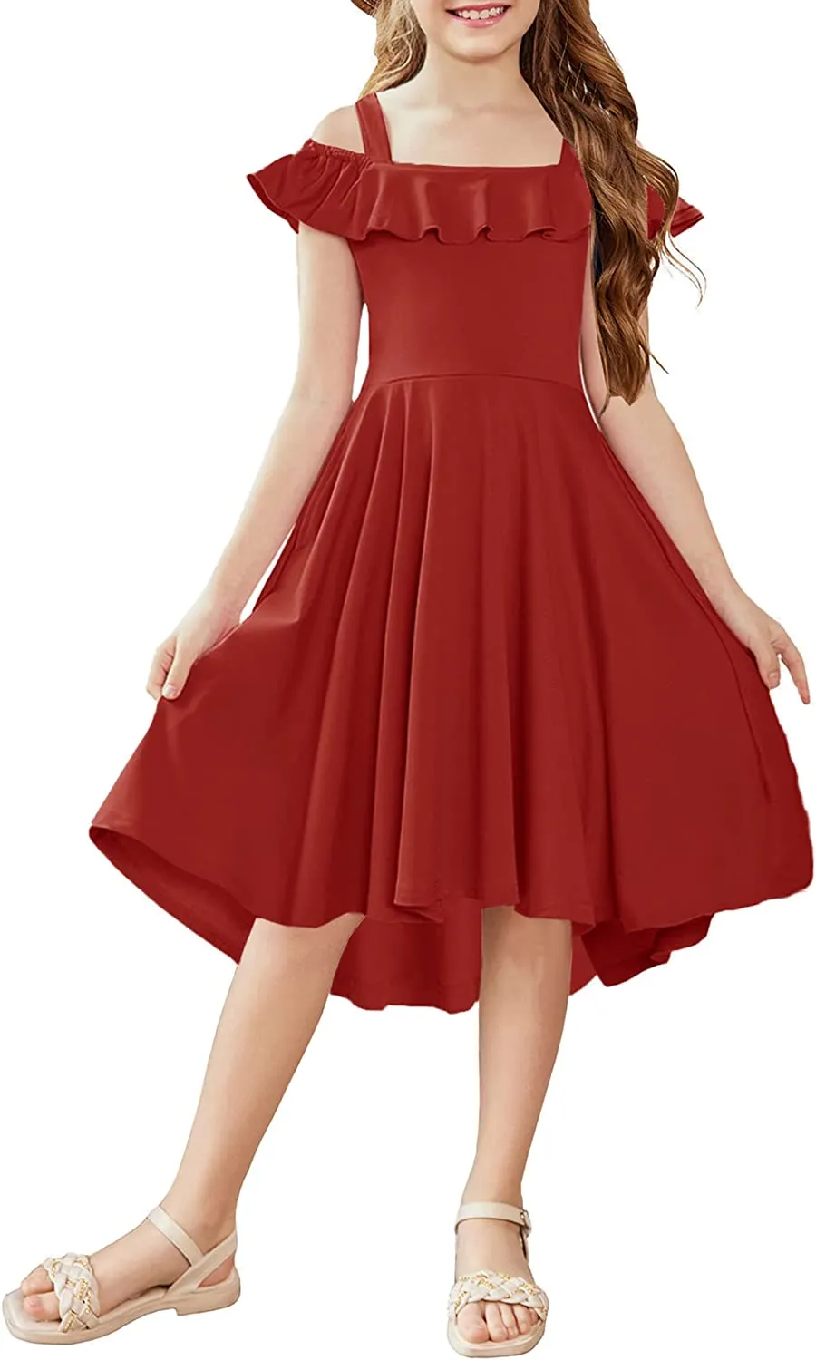 Arshiner Girls Dress Off Shoulder Flutter Sleeve Midi Swing Dresses