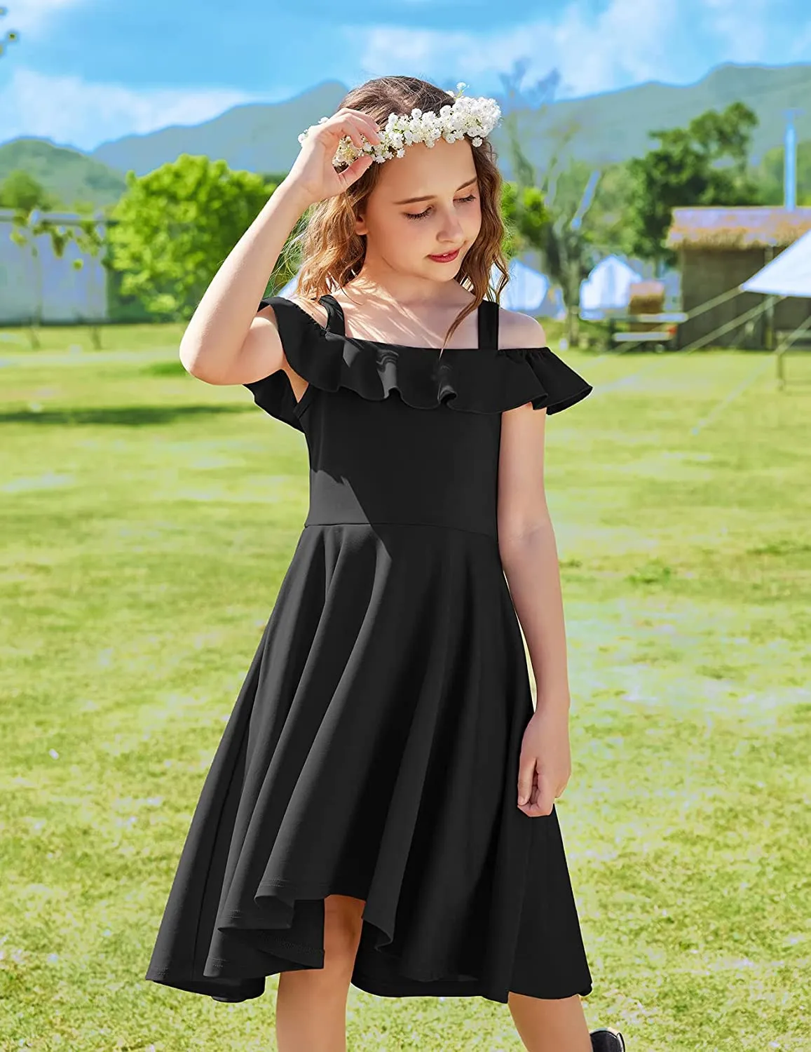 Arshiner Girls Dress Off Shoulder Flutter Sleeve Midi Swing Dresses