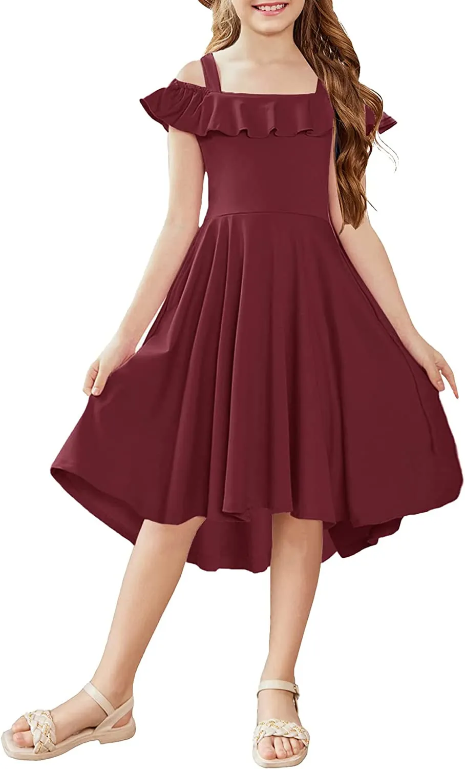 Arshiner Girls Dress Off Shoulder Flutter Sleeve Midi Swing Dresses