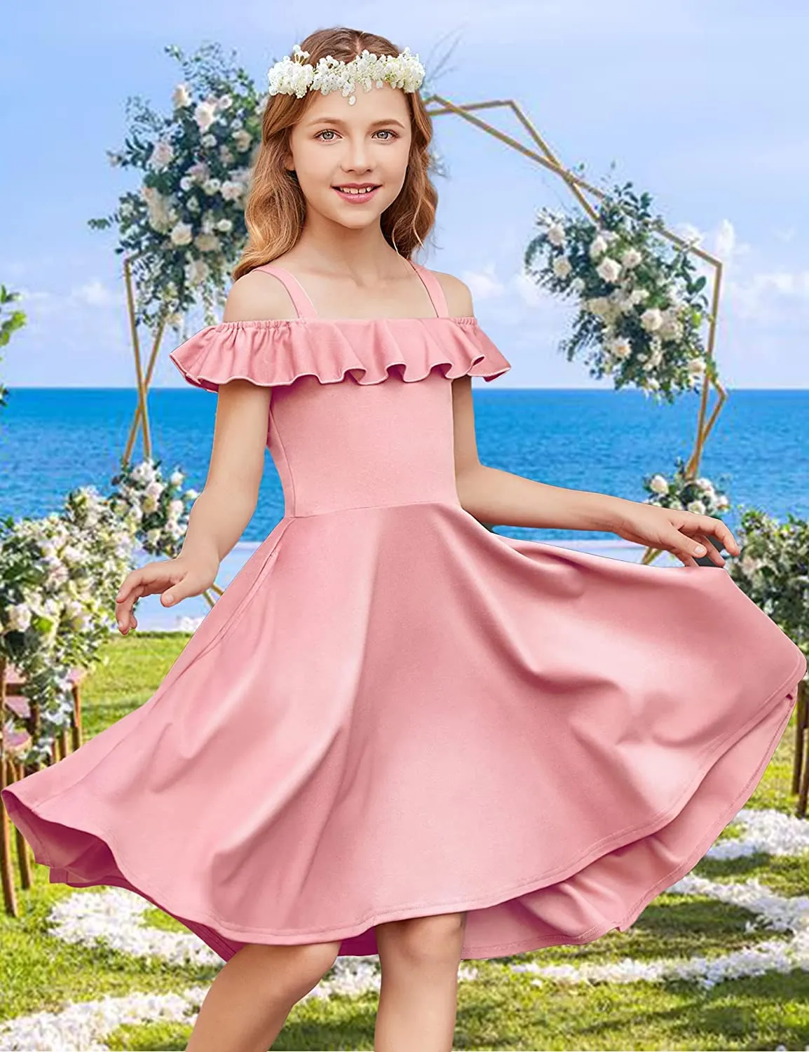 Arshiner Girls Dress Off Shoulder Flutter Sleeve Midi Swing Dresses