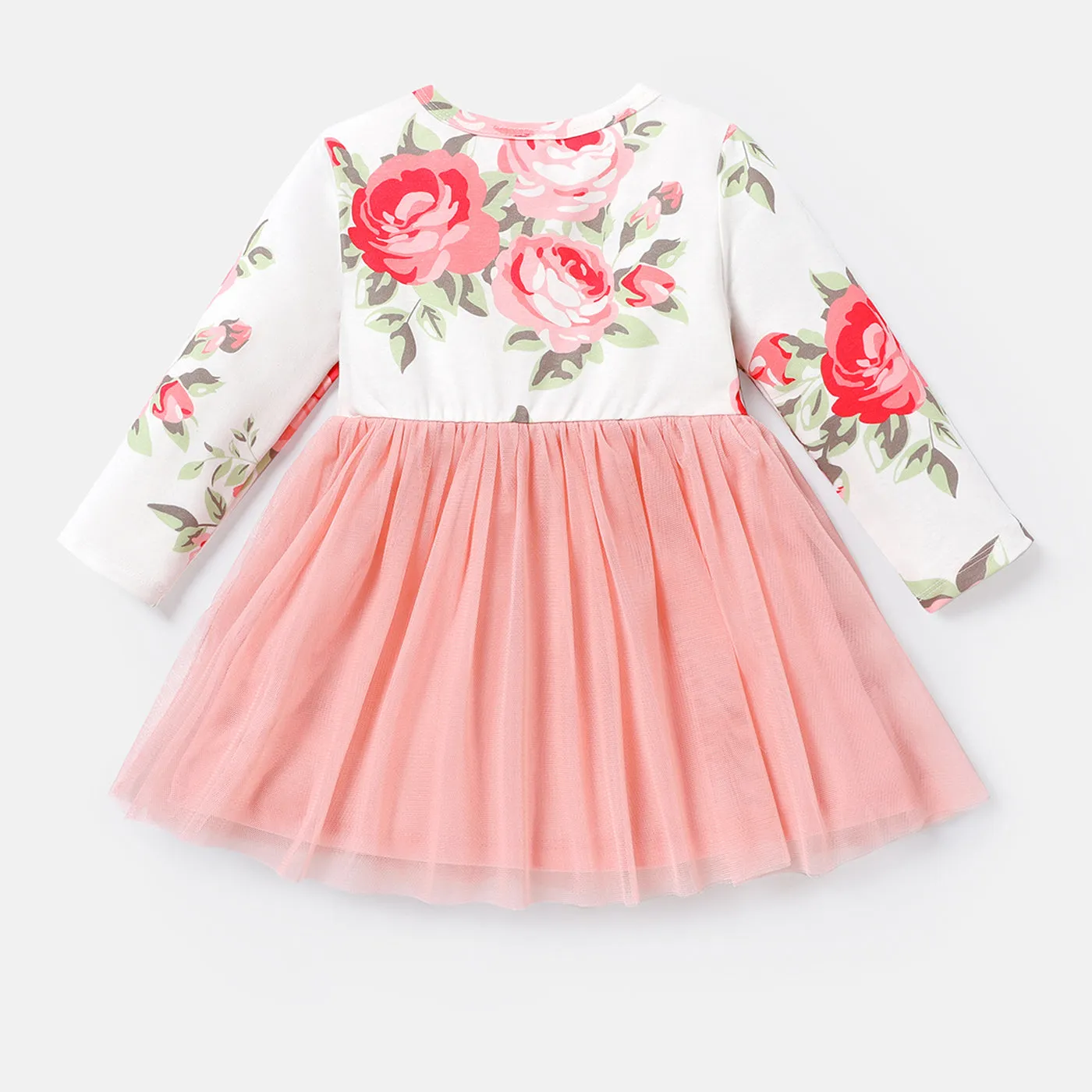 Baby Girl Letter Graphic Floral Print Long-sleeve Bow Front Naia™ Spliced Mesh Dress