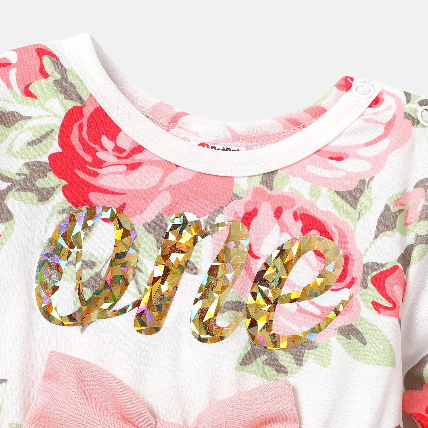 Baby Girl Letter Graphic Floral Print Long-sleeve Bow Front Naia™ Spliced Mesh Dress