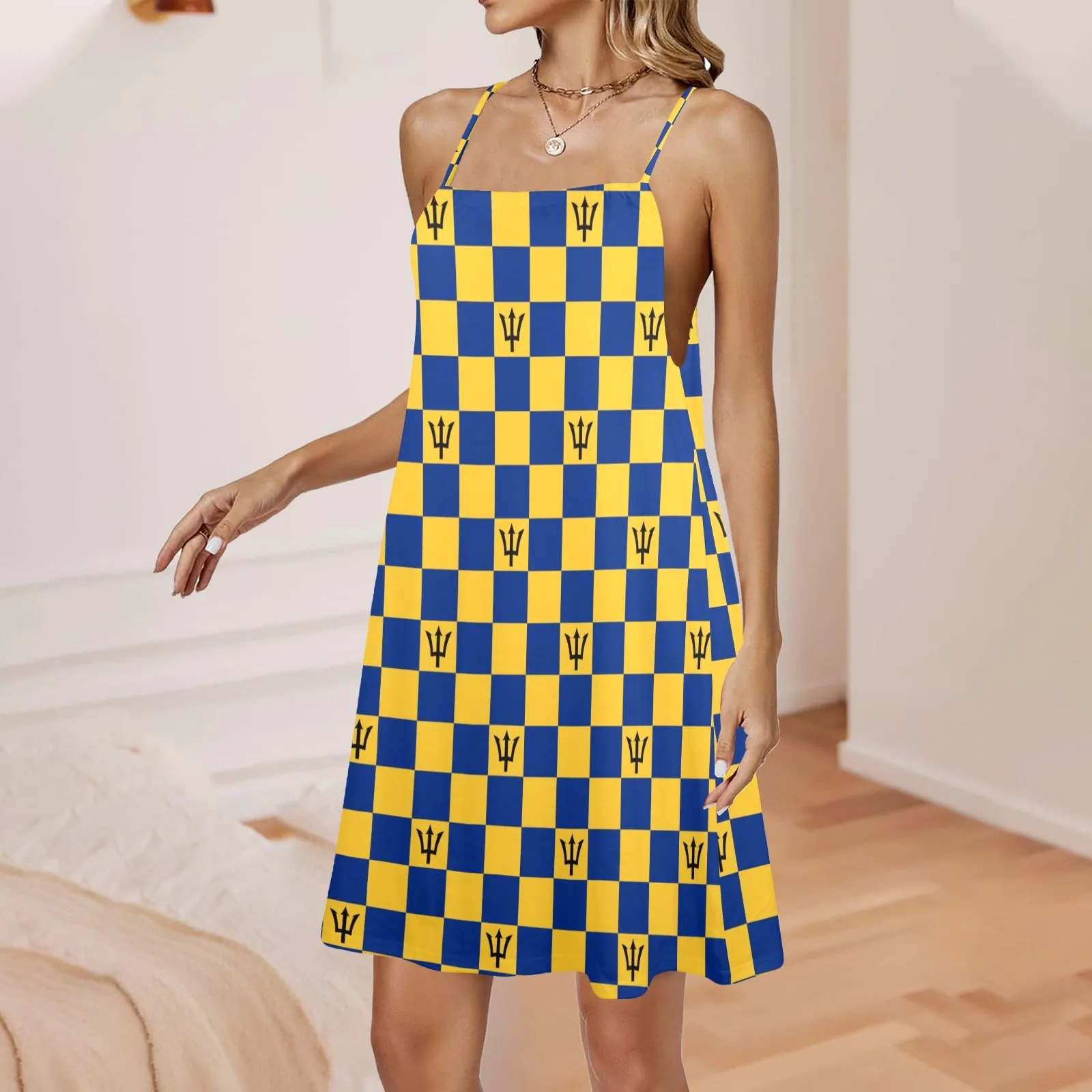 bar trident dress Drawstring Neck Sleeveless Dress (Model D68)