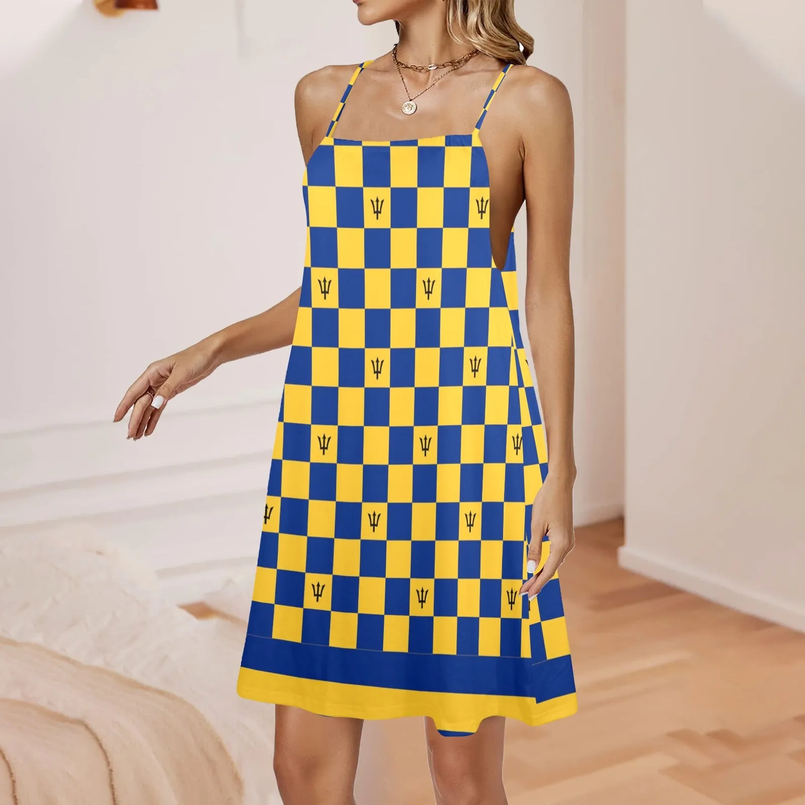 barbados striped checkered trident Drawstring Neck Sleeveless Dress (Model D68)