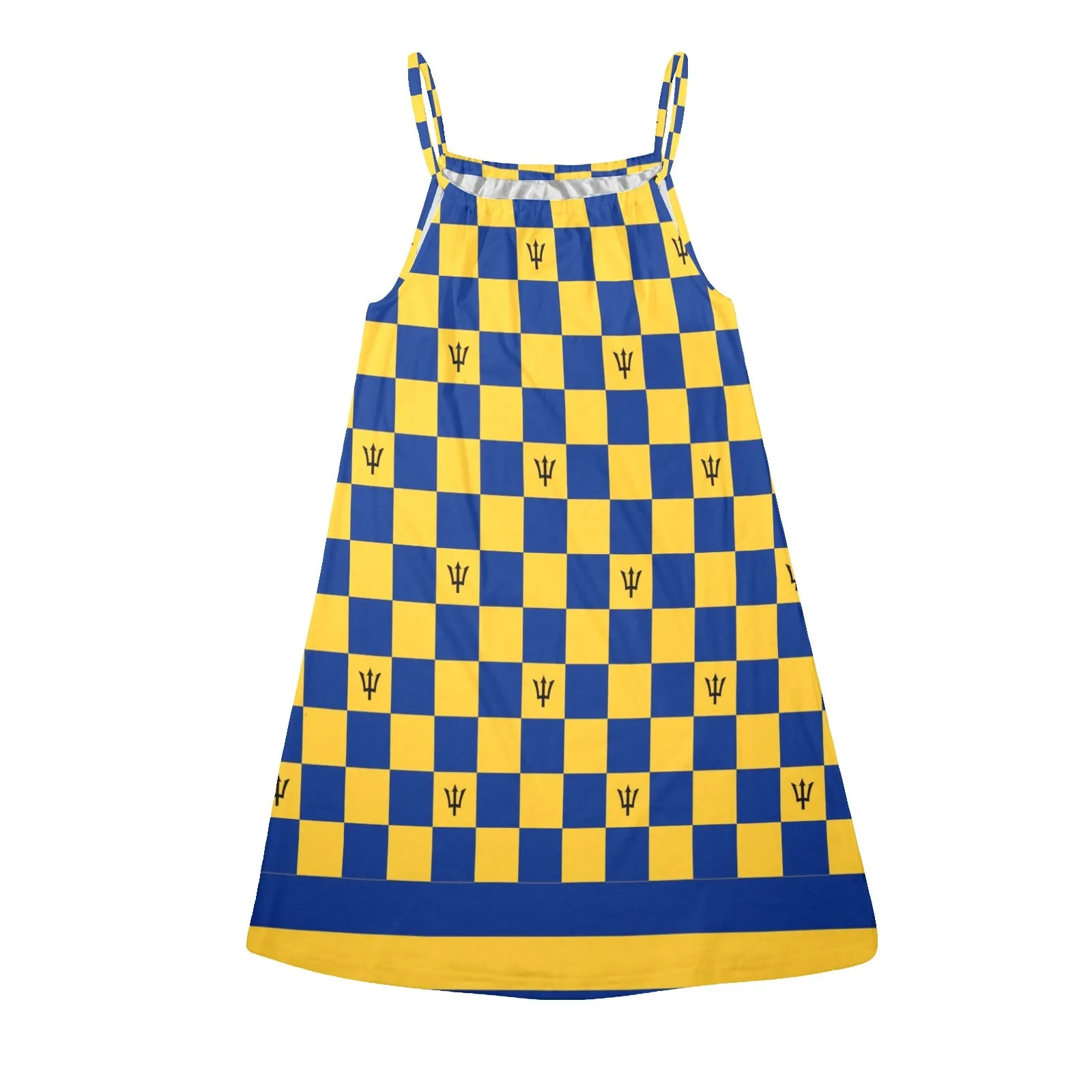 barbados striped checkered trident Drawstring Neck Sleeveless Dress (Model D68)