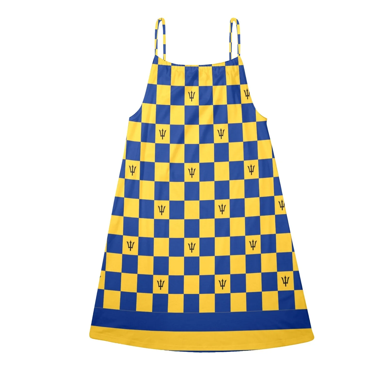 barbados striped checkered trident Drawstring Neck Sleeveless Dress (Model D68)