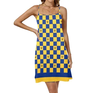 barbados striped checkered trident Drawstring Neck Sleeveless Dress (Model D68)