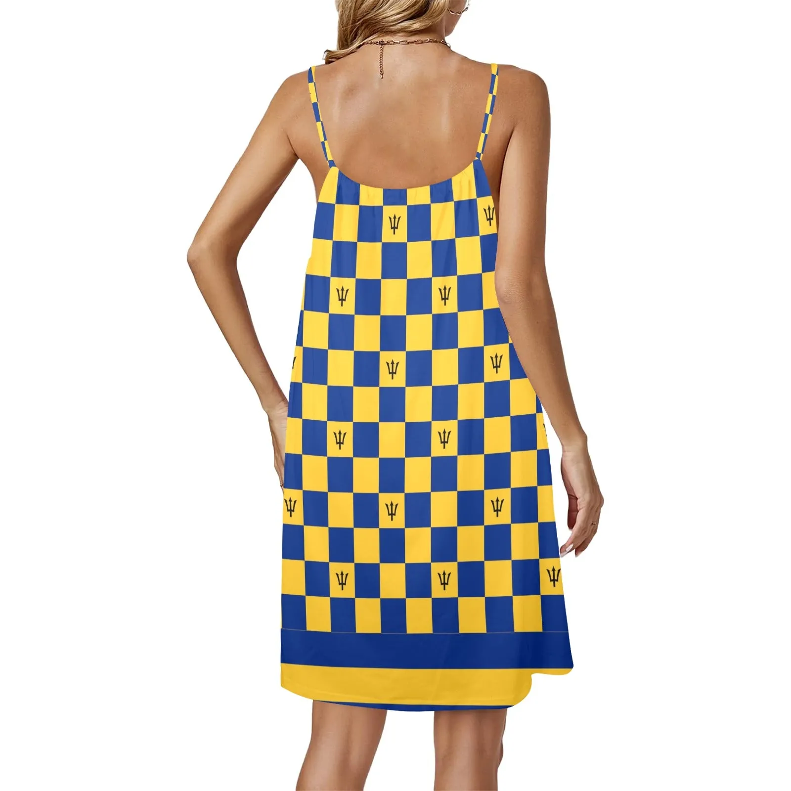 barbados striped checkered trident Drawstring Neck Sleeveless Dress (Model D68)