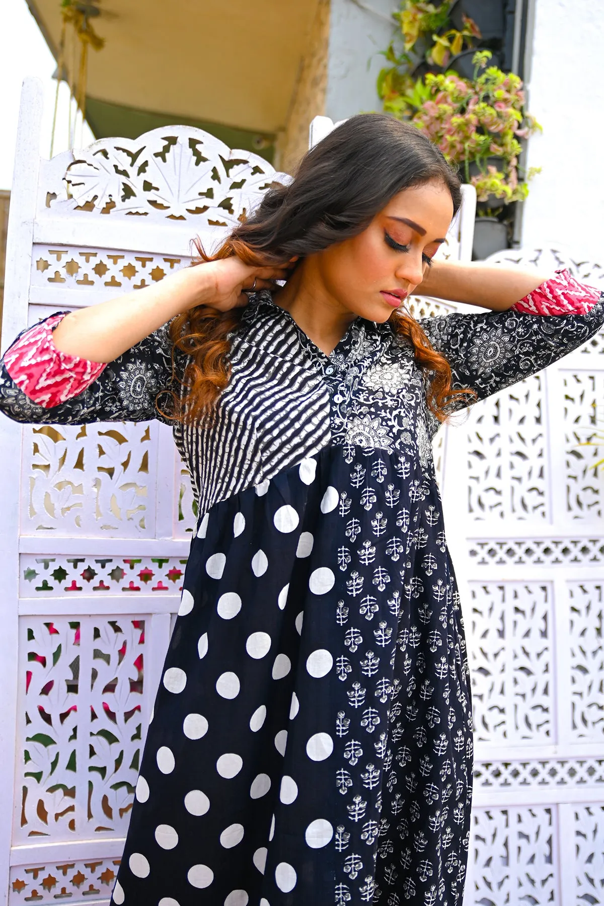 Black Pure Cotton Patchwork Dress