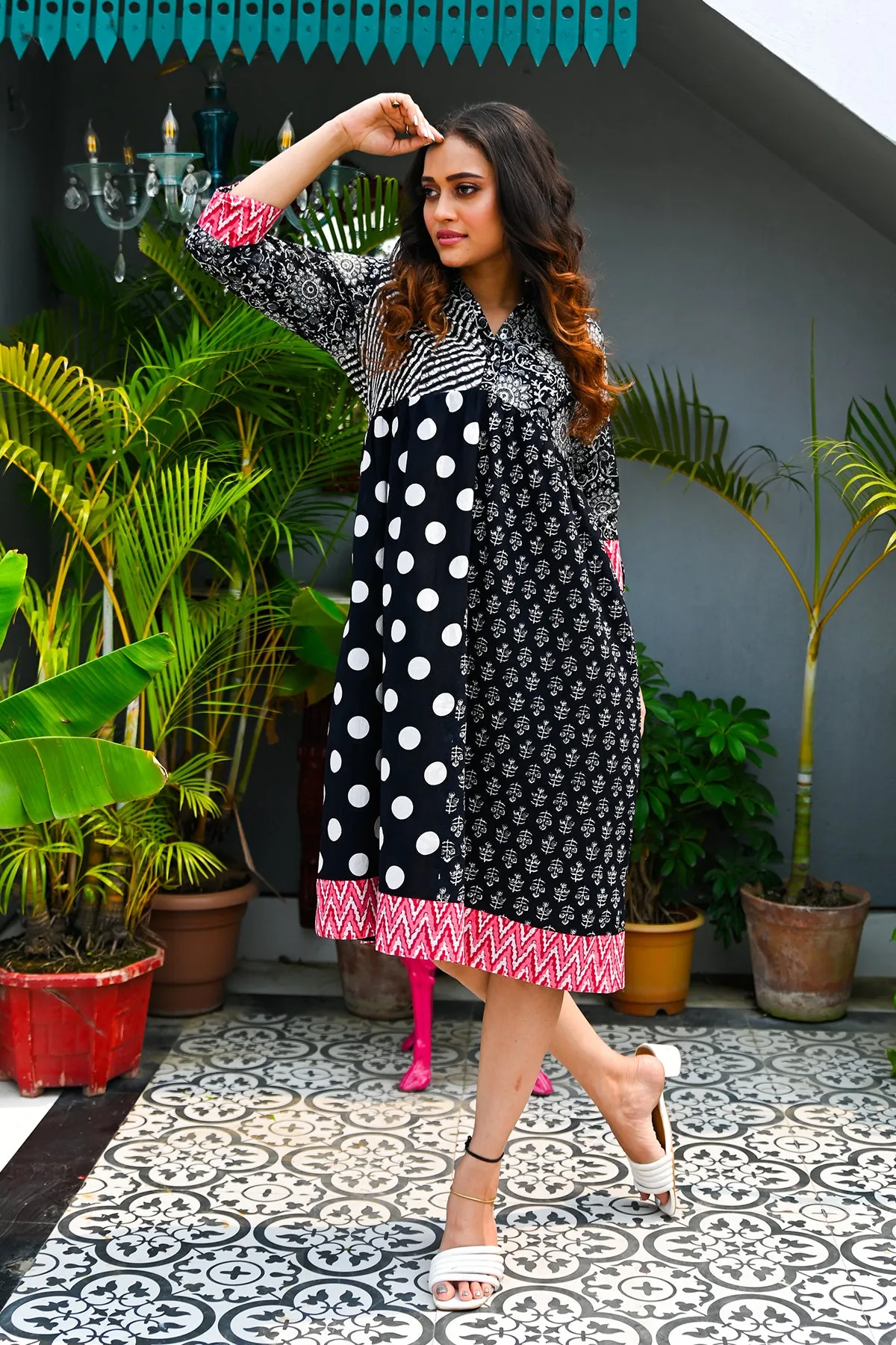 Black Pure Cotton Patchwork Dress