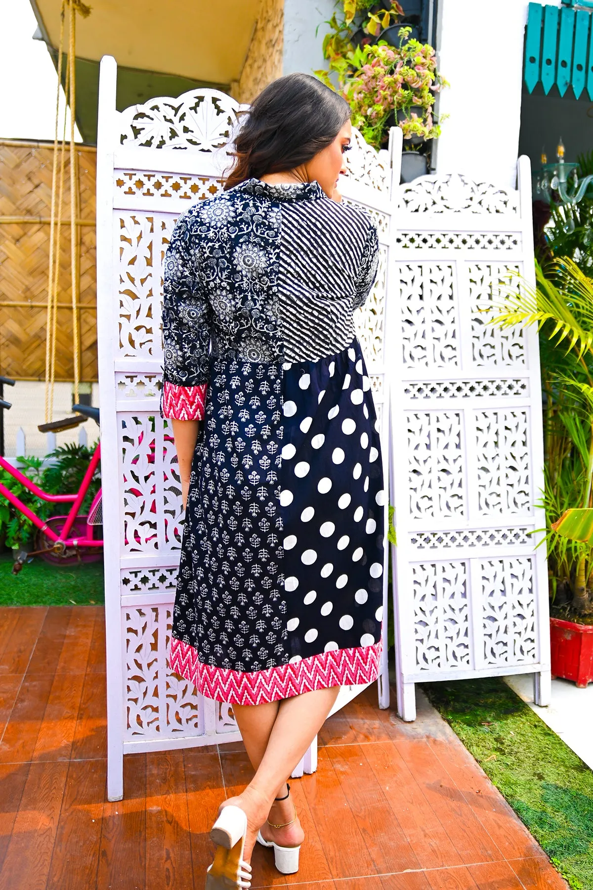 Black Pure Cotton Patchwork Dress
