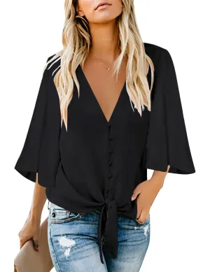 Black Women's V Neck Button Down Shirts 3/4 Bell Sleeve Tie Knot Blouse