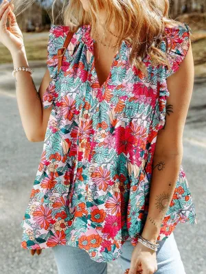 Blooming Rose Red V Neck Tank Top with Drawstring Detail