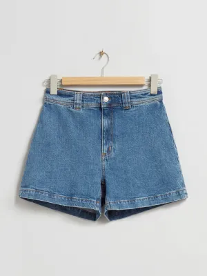Blue high-waist denim shorts