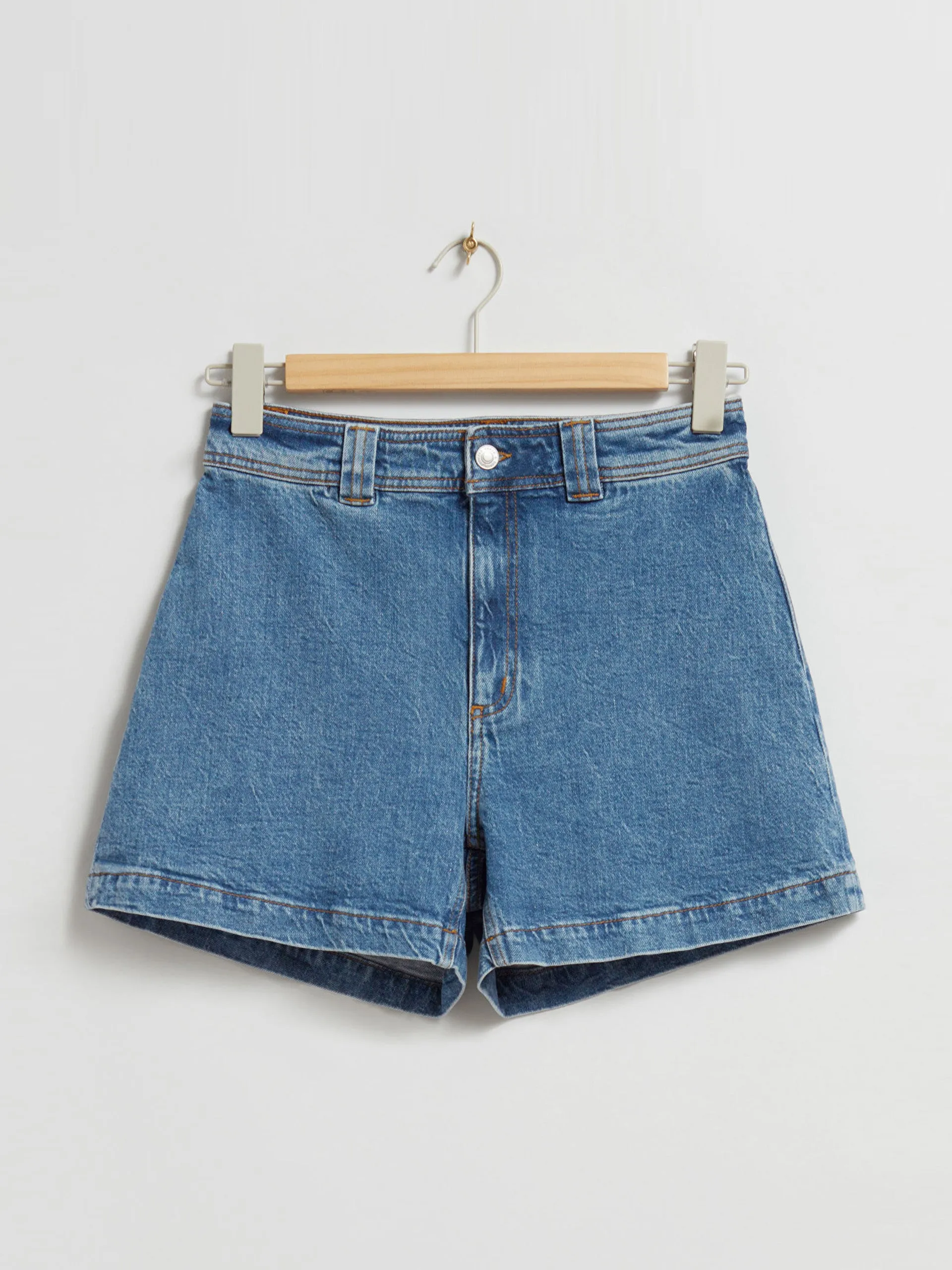 Blue high-waist denim shorts