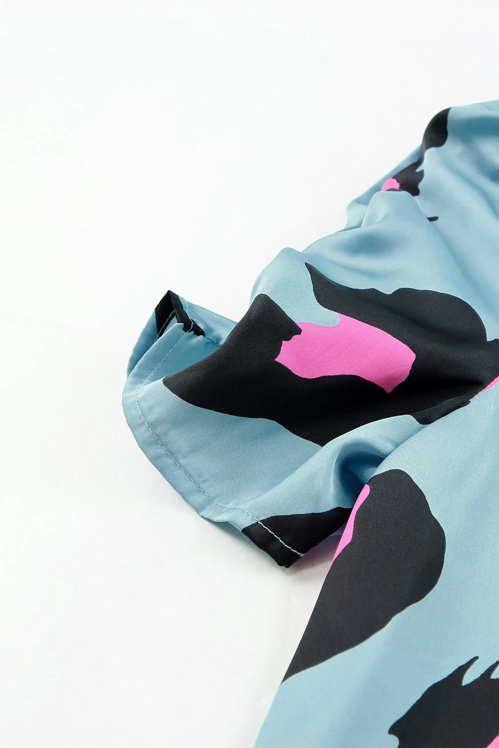 Blue Leopard Print Satin Blouse with Ruched Sleeves