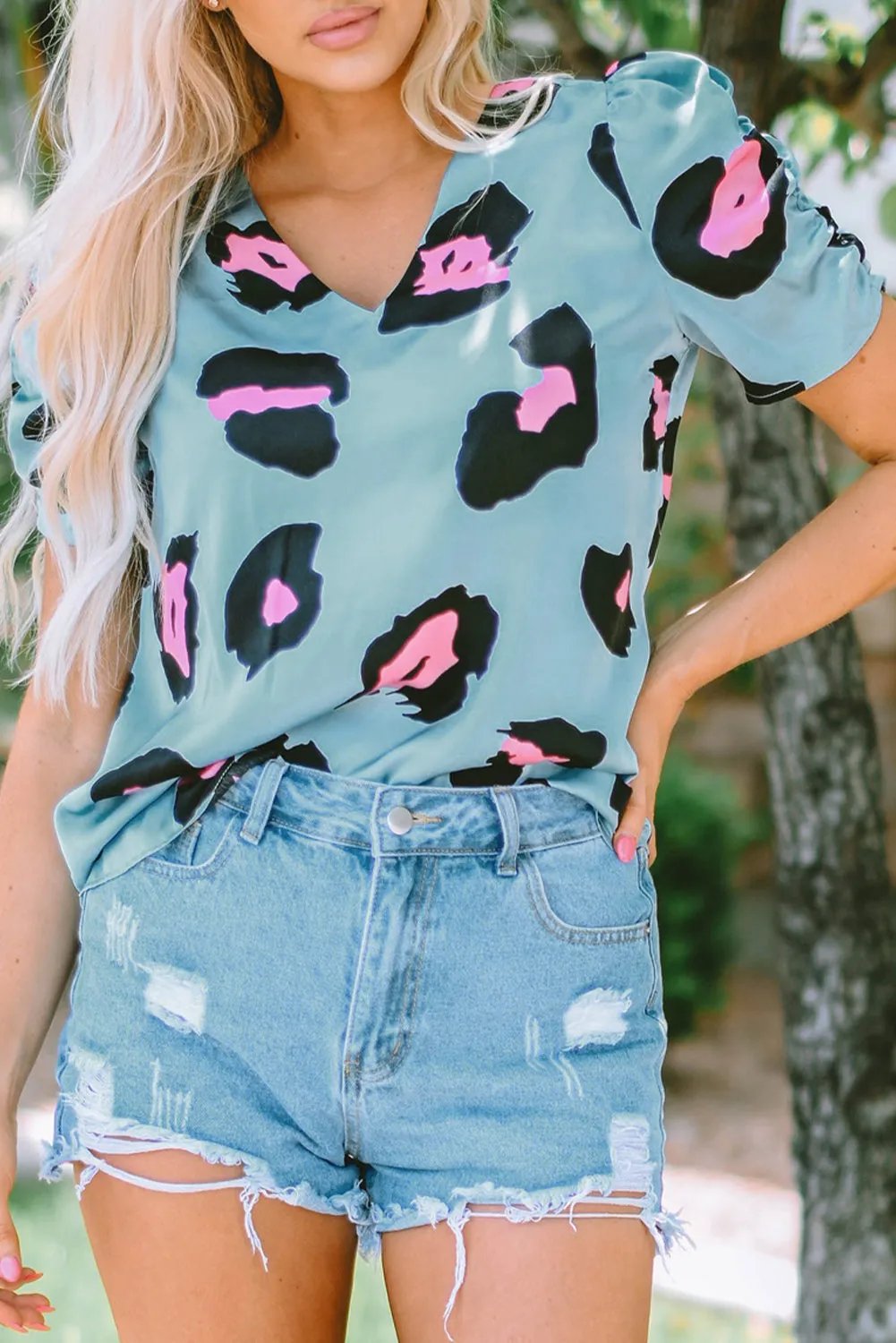 Blue Leopard Print Satin Blouse with Ruched Sleeves