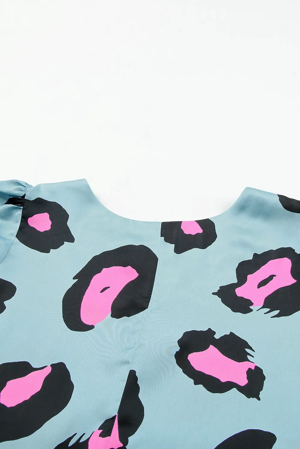 Blue Leopard Print Satin Blouse with Ruched Sleeves