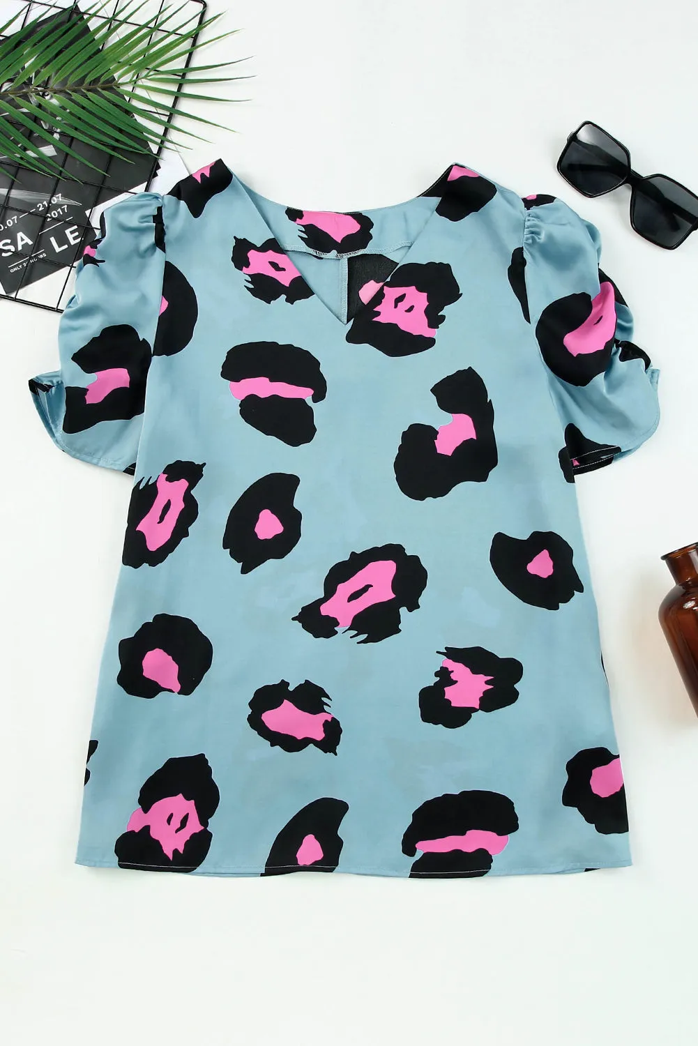 Blue Leopard Print Satin Blouse with Ruched Sleeves
