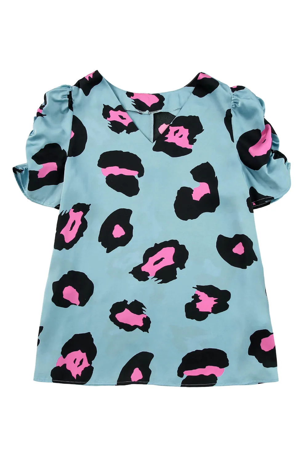 Blue Leopard Print Satin Blouse with Ruched Sleeves