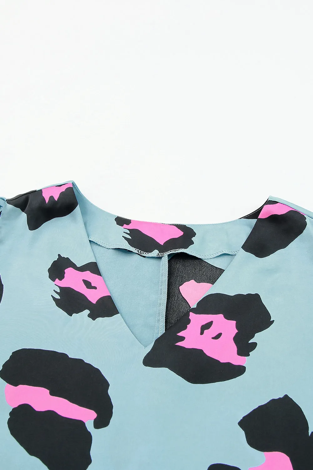 Blue Leopard Print Satin Blouse with Ruched Sleeves