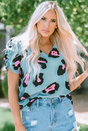 Blue Leopard Print Satin Blouse with Ruched Sleeves