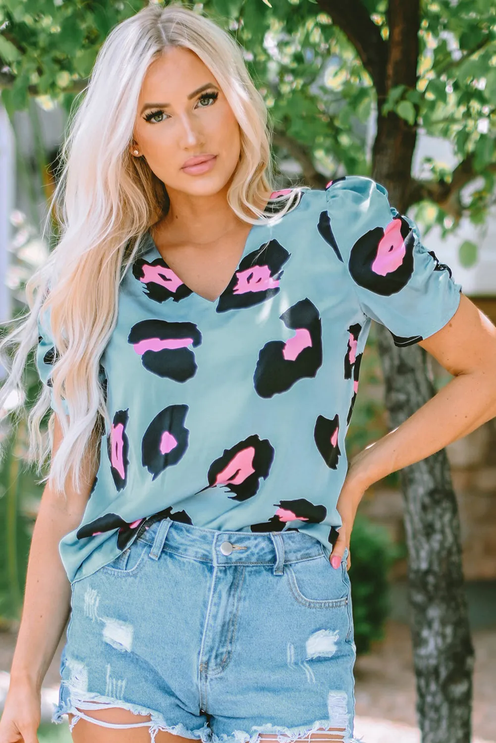 Blue Leopard Print Satin Blouse with Ruched Sleeves
