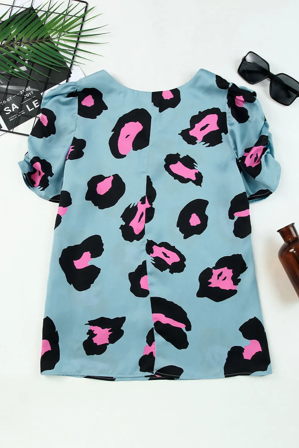 Blue Leopard Print Satin Blouse with Ruched Sleeves