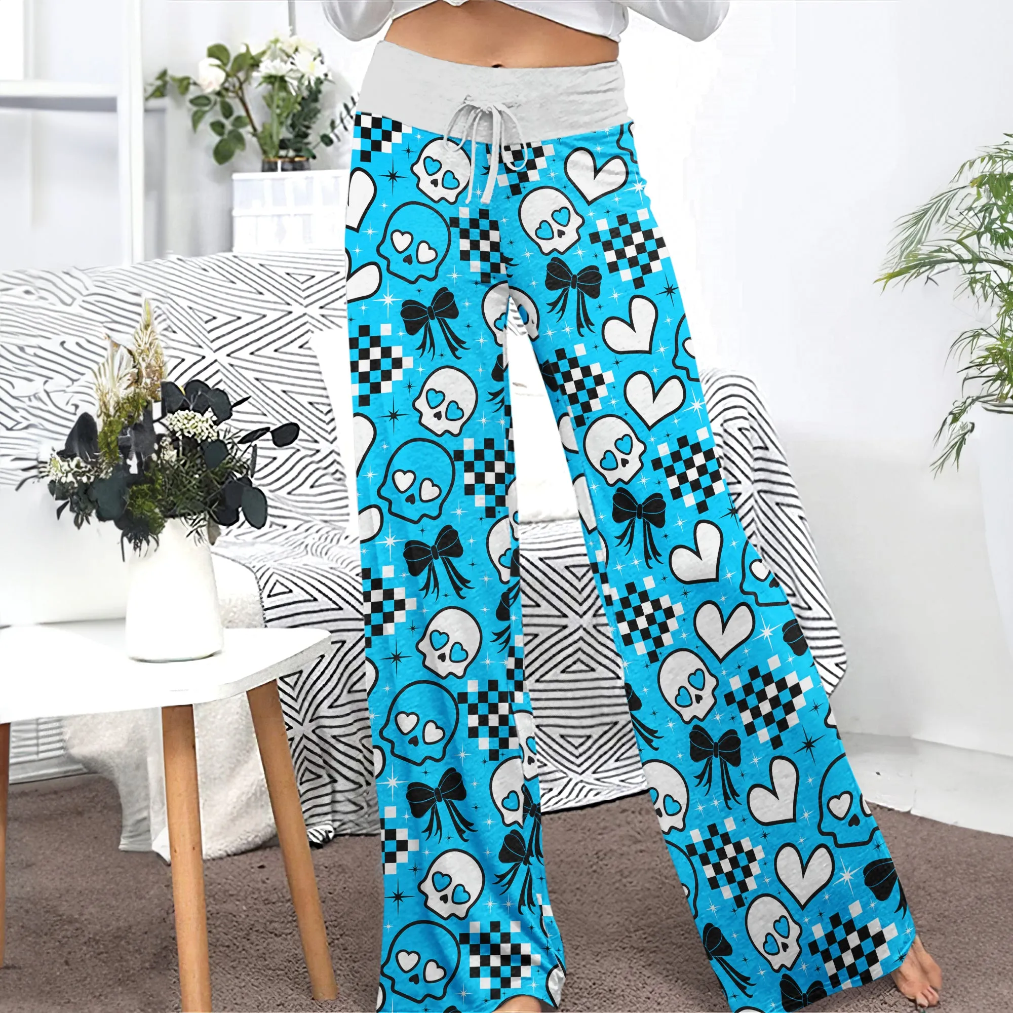Blue Skull Love Women's High-waisted Wide Leg Pants