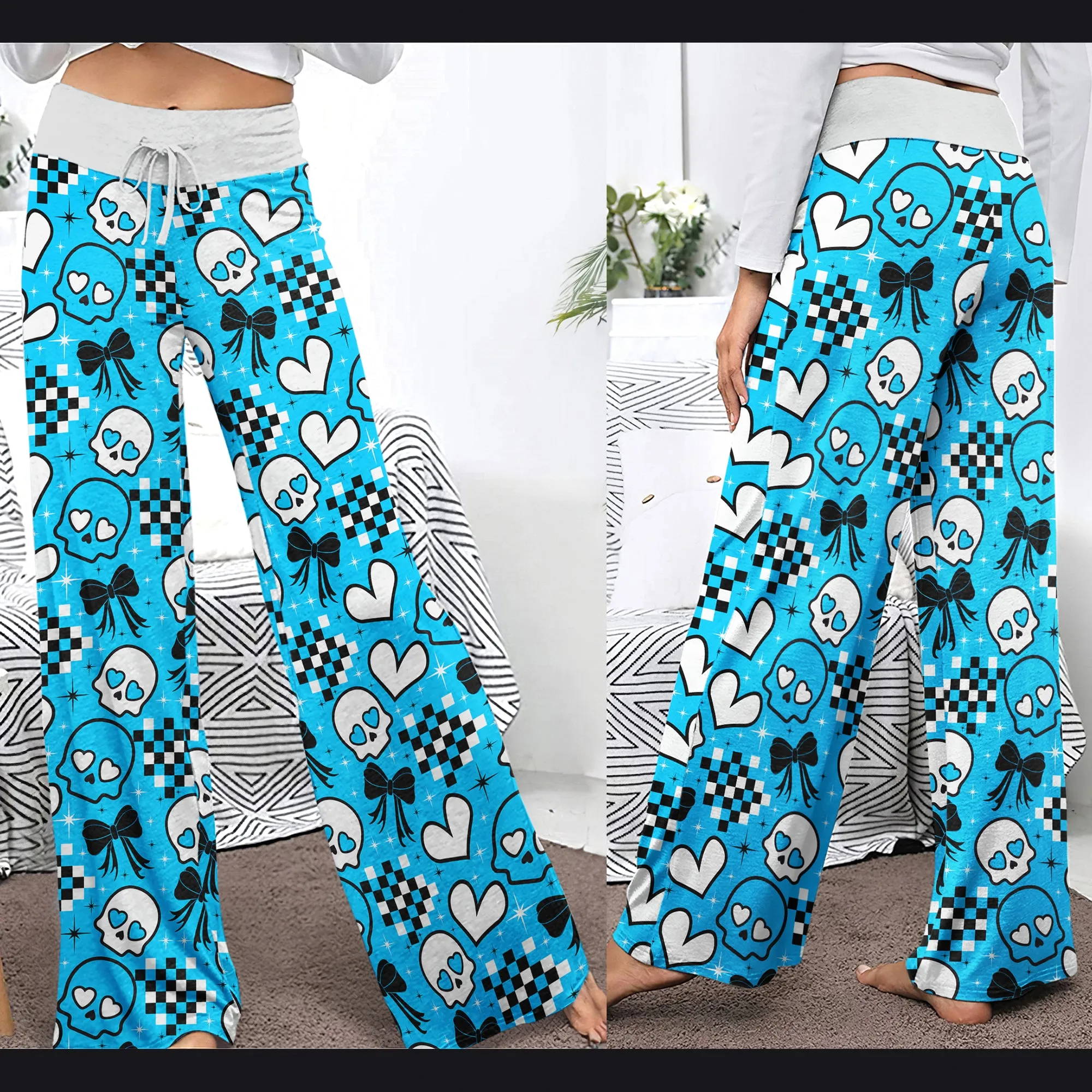 Blue Skull Love Women's High-waisted Wide Leg Pants