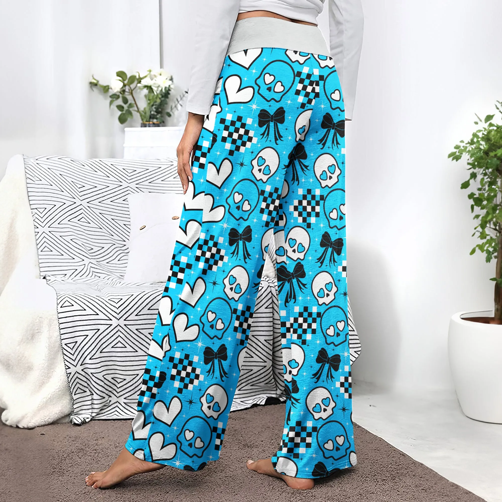 Blue Skull Love Women's High-waisted Wide Leg Pants