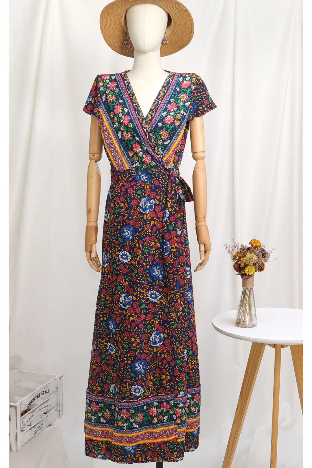 Boho Maxi Dress, Sundress, Wrap Dress, Country Girl Floral in Red and Navy