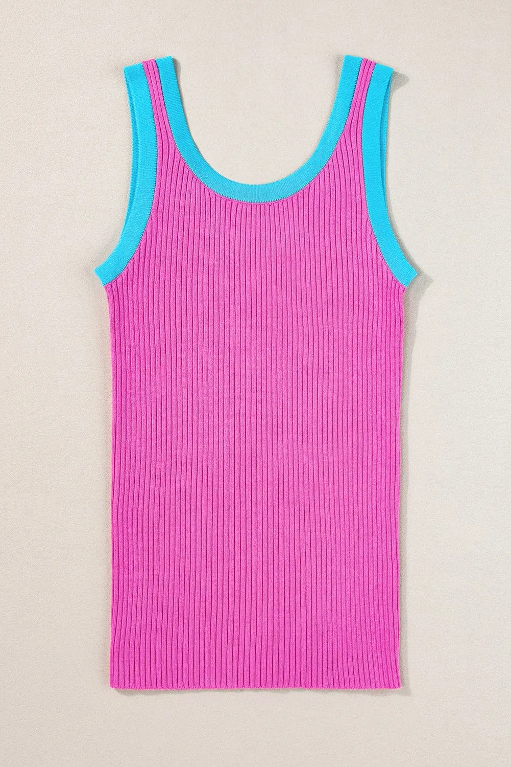 Bright Pink Ribbed Knit U Neck Tank Top with Colorblock Detail