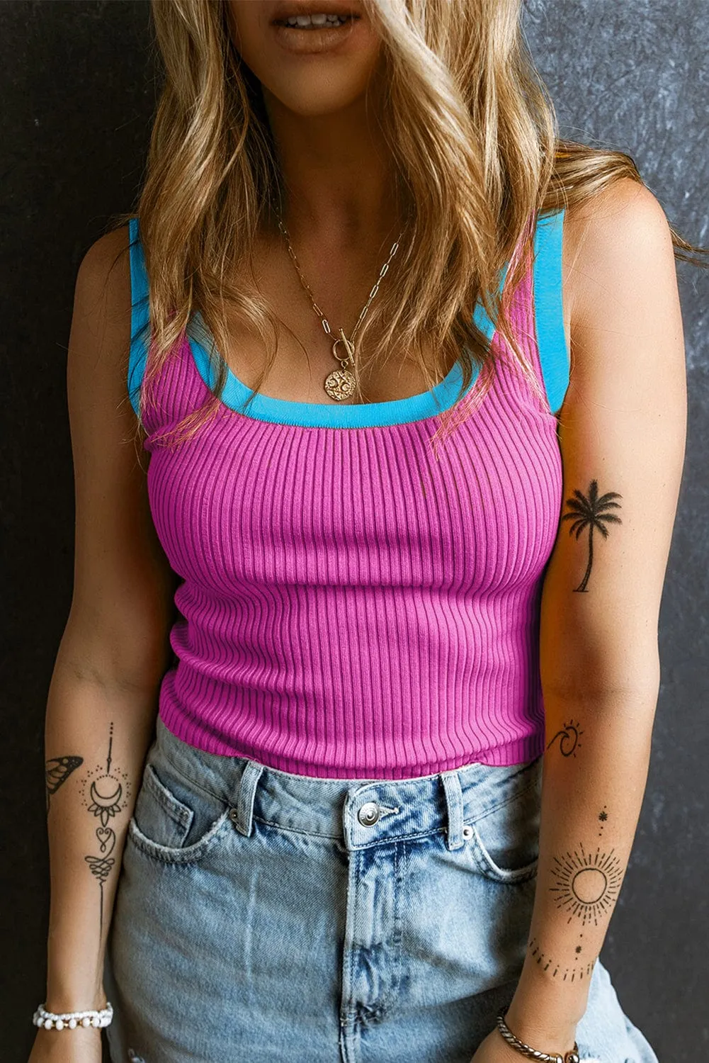 Bright Pink Ribbed Knit U Neck Tank Top with Colorblock Detail